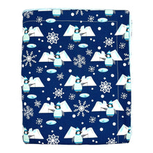 Load image into Gallery viewer, Baby and kids blue blanket with penguins fishing, icebergs, and snowflakes.
