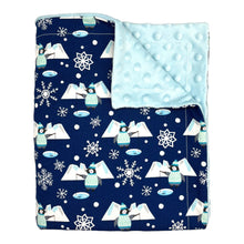 Load image into Gallery viewer, Baby and kids blue blanket with penguins fishing, icebergs, and snowflakes.
