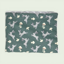 Load image into Gallery viewer, Blanket with rabbit and mushroom pattern on one side and white reverse side.
