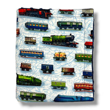 Load image into Gallery viewer, Blanket with steam trains and rolling stock design.
