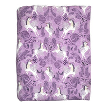 Load image into Gallery viewer, Purple blanket with unicorn pattern.
