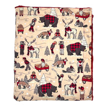 Load image into Gallery viewer, Baby and kids&#39; blanket with bears, beavers, foxes, deer, and kids wearing buffalo plaid in winter.

