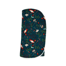 Load image into Gallery viewer, Folded burpcloth with foxes, rabbits, hedgehogs, and mushrooms, on a green background.
