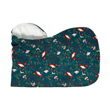 Load image into Gallery viewer, Folded burpcloth with foxes, rabbits, hedgehogs, and mushrooms, on a green background.
