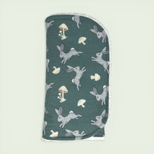 Load image into Gallery viewer, Folded burpcloth set with gray rabbis and mushrooms on a teal background.
