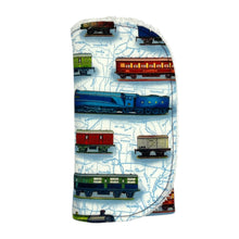 Load image into Gallery viewer, Folded burpcloth with steam trains and rolling stock design.
