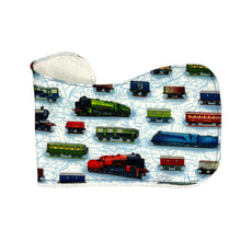 Load image into Gallery viewer, Folded burpcloth with steam trains and rolling stock design.
