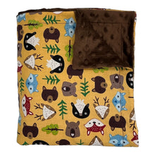 Load image into Gallery viewer, Baby Blanket by Mimi&#39;s Little Loveys. Fun and vibrant design, featuring group of Maine friends - bear, beaver, deer, fox, raccoon, and skunk - on a mustard yellow background. Backing is dimple dot minky.
