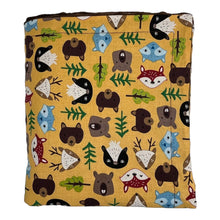 Load image into Gallery viewer, Baby Blanket by Mimi&#39;s Little Loveys. Fun and vibrant design, featuring group of Maine friends - bear, beaver, deer, fox, raccoon, and skunk - on a mustard yellow background. Backing is dimple dot minky.
