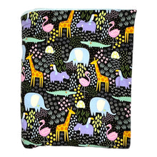 Load image into Gallery viewer, Baby Blanket by Mimi&#39;s Little Loveys. Fun and vibrant design, featuring crocodiles, elephants, flamingos, giraffes, hippos, tortoises, plants, and flowers, on a black background. Backing is dimple dot minky.
