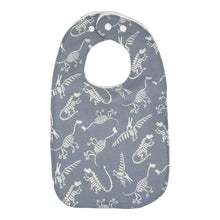 Load image into Gallery viewer, Baby Everyday bib by Mimi&#39;s Little Loveys. Fun, white, dinosaur skeletons on a gray background. Backing is white terry cloth.
