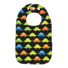 Load image into Gallery viewer, Bib with colorful dinosaur pattern on a black background.
