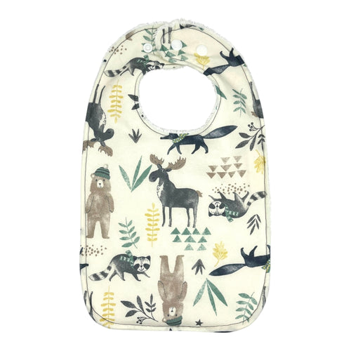 Everyday Baby bib with moose, bears, raccoons, and coyotes.