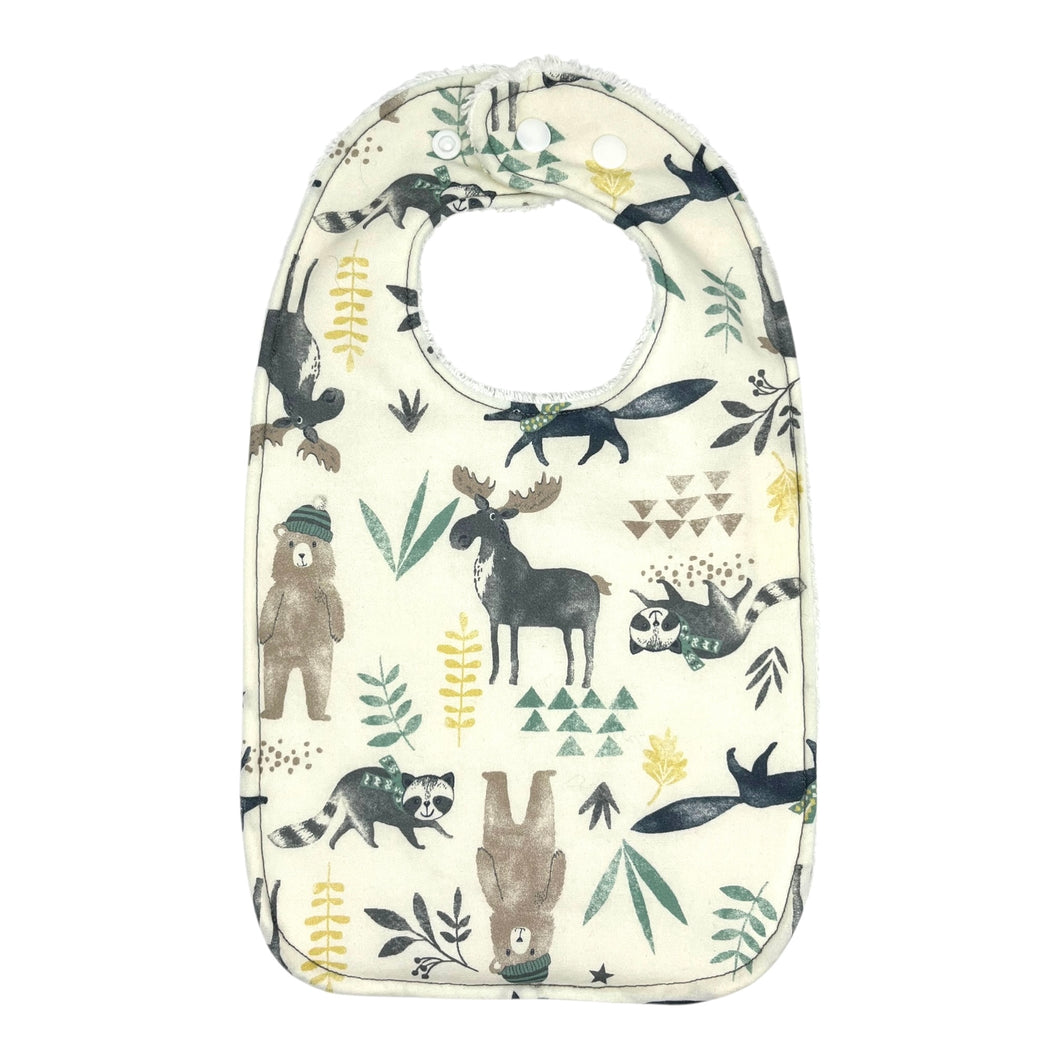 Everyday Baby bib with moose, bears, raccoons, and coyotes.