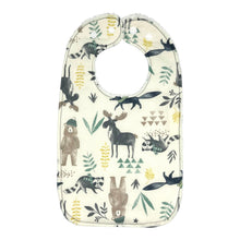 Load image into Gallery viewer, Everyday Baby bib with moose, bears, raccoons, and coyotes.
