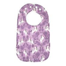 Load image into Gallery viewer, Purple bib with unicorn pattern on a white background
