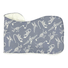 Load image into Gallery viewer, Burpcloth Set by Mimi&#39;s Little Loveys. Fun, white, dinosaur skeletons on a gray background. Backing is white terry cloth.
