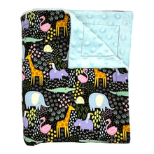 Load image into Gallery viewer, Baby Blanket by Mimi&#39;s Little Loveys. Fun and vibrant design, featuring crocodiles, elephants, flamingos, giraffes, hippos, tortoises, plants, and flowers, on a black background. Backing is dimple dot minky.
