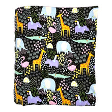 Load image into Gallery viewer, Baby Blanket by Mimi&#39;s Little Loveys. Fun and vibrant design, featuring crocodiles, elephants, flamingos, giraffes, hippos, tortoises, plants, and flowers, on a black background. Backing is dimple dot minky.
