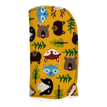 Load image into Gallery viewer, Burpcloth set by Mimi&#39;s Little Loveys. Fun and vibrant design, featuring group of Maine friends - bear, beaver, deer, fox, raccoon, and skunk - on a mustard yellow background. Backing is soft, white, terry cloth.
