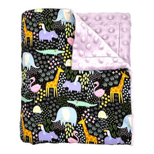 Load image into Gallery viewer, Baby Blanket by Mimi&#39;s Little Loveys. Fun and vibrant design, featuring crocodiles, elephants, flamingos, giraffes, hippos, tortoises, plants, and flowers, on a black background. Backing is dimple dot minky.
