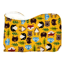 Load image into Gallery viewer, Burpcloth set by Mimi&#39;s Little Loveys. Fun and vibrant design, featuring group of Maine friends - bear, beaver, deer, fox, raccoon, and skunk - on a mustard yellow background. Backing is soft, white, terry cloth.
