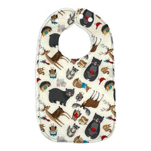 Load image into Gallery viewer, Baby bib Everyday Bib by Mimi&#39;s Little Loveys. Front features a collection of Maine critters: bears, cardinals, deer, moose, owls, porcupines, raccoons, squirrels, all on a white background. Backing is soft, white, terry cloth.
