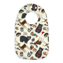 Load image into Gallery viewer, Baby bib Everyday Bib by Mimi&#39;s Little Loveys. Front features a collection of Maine critters: bears, cardinals, deer, moose, owls, porcupines, raccoons, squirrels, all on a white background. Backing is soft, white, terry cloth.
