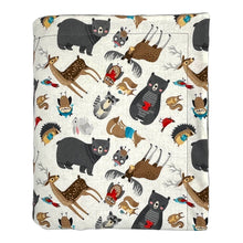 Load image into Gallery viewer, Baby blanket by Mimi&#39;s Little Loveys. Features a collection of Maine critters: bears, cardinals, deer, moose, owls, porcupines, raccoons, squirrels, all on a white background. Backing is gray, dimple dot minky.
