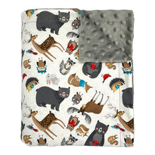 Load image into Gallery viewer, Baby blanket by Mimi&#39;s Little Loveys. Features a collection of Maine critters: bears, cardinals, deer, moose, owls, porcupines, raccoons, squirrels, all on a white background. Backing is gray, dimple dot minky.
