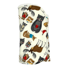 Load image into Gallery viewer, Burpcloth set by Mimi&#39;s Little Loveys. Front features a collection of Maine critters: bears, cardinals, deer, moose, owls, porcupines, raccoons, squirrels, all on a white background. Backing is soft, white, terry cloth.
