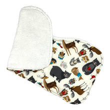 Load image into Gallery viewer, Burpcloth set by Mimi&#39;s Little Loveys. Front features a collection of Maine critters: bears, cardinals, deer, moose, owls, porcupines, raccoons, squirrels, all on a white background. Backing is soft, white, terry cloth.
