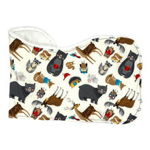 Load image into Gallery viewer, Burpcloth set by Mimi&#39;s Little Loveys. Front features a collection of Maine critters: bears, cardinals, deer, moose, owls, porcupines, raccoons, squirrels, all on a white background. Backing is soft, white, terry cloth.
