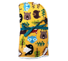 Load image into Gallery viewer, Burpcloth set by Mimi&#39;s Little Loveys. Fun and vibrant design, featuring group of Maine friends - bear, beaver, deer, fox, raccoon, and skunk - on a mustard yellow background. Backing is soft, white, terry cloth.
