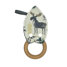 Load image into Gallery viewer, Interactive fabric teether with wooden ring and moose design.
