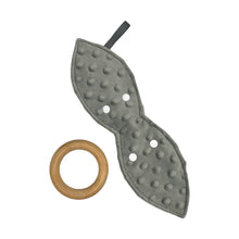 Load image into Gallery viewer, Interactive fabric teether with wooden ring and moose design. Photo shows reverse gray dotted minky and wooden teething ring separated.
