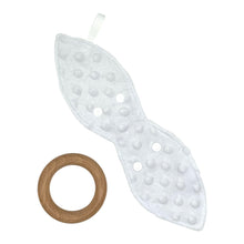 Load image into Gallery viewer, Teether with Owl design fabric, and wooden teething ring. Backing shown - raised dot, white, minky fabric.
