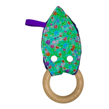 Load image into Gallery viewer, Colorful floral teething ring with a wooden ring on a white background
