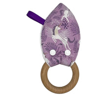 Load image into Gallery viewer, Purple teething ring with unicorn design and wooden ring on a white background
