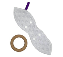 Load image into Gallery viewer, Purple teething ring with unicorn design and wooden ring on a white background
