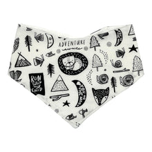 Load image into Gallery viewer, baby bandana bib in back &amp; white with fun nature design.
