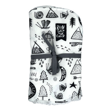 Load image into Gallery viewer, Folded burpcloth with black and white nature patterns.

