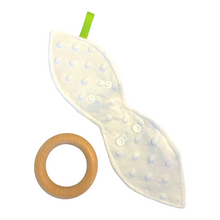 Load image into Gallery viewer, Reverse side of teether fabric and separate wooden ring are shown.
